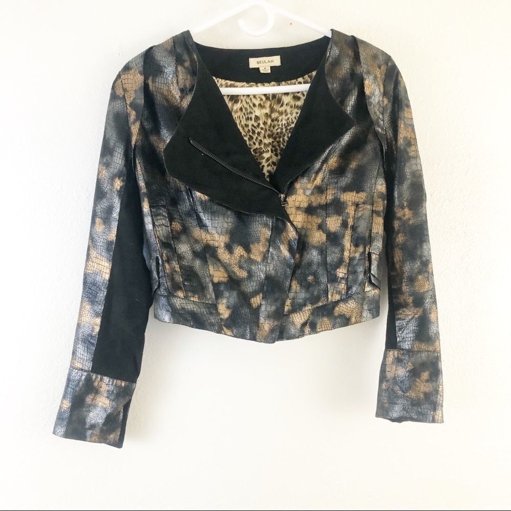 Beulah metallic snake print cropped moto jacket size M